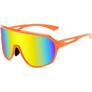 FEISEDY Sports Sunglasses for Men and Women,Oversized One Piece Reflective Lens Cycling Sunglasses B0178(Orange Frame Yellow Mirrored Lens)