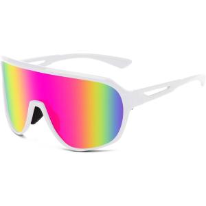 FEISEDY Sports Sunglasses for Men and Women,Oversized One Piece Reflective Lens Cycling Sunglasses B0178(White Frame Pink Mirrored Lens)