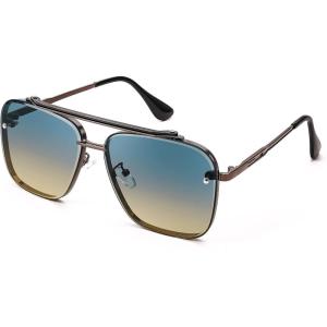 FEISEDY Sunglasses, Fashion Square Pilot Sunglasses, Vintage Metal Gradient Glasses for Men and Women, B4104(Bronze Frame/Blue Yellow Lens)
