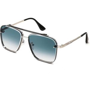 FEISEDY Sunglasses, Fashion Square Pilot Sunglasses, Vintage Metal Gradient Glasses for Men and Women, B4104(Sliver Frame/Blue Lens)