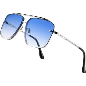 FEISEDY Sunglasses, Fashion Square Pilot Sunglasses, Vintage Metal Gradient Glasses for Men and Women, B4104(Sliver Frame/Transparent Bottom  Blue Gradient Lens)