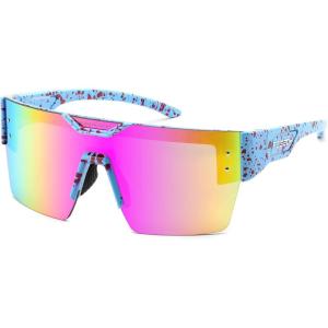 FEISEDY Sunglasses Men Women, Big Oversized Square Frame,UV400 Mirrored Sun Glasses, Cycling Driving Fishing Hiking B0064(Sprayed Rose Dot Blue Frame Purple Pink Mirror Lenses)