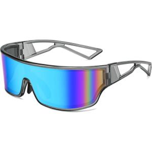 FEISEDY Trendy Futuristic Wrap Sunglasses Flat Top Mirrored One Piece Lens Reflective Sun Glasses for Women Men B0161(Transparent Grey Frame Blue Mirrored Lens)