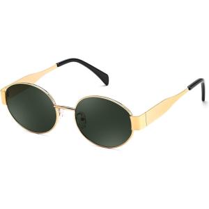 FEISEDY Trendy Retro Oval Sunglasses for Women Men Small Metal Frame Sun Glasses UV400 Shades B0124(Gold-blackish Green)