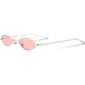 FEISEDY Vintage Small Sunglasses Oval Slender Metal Frame Candy Colors B2277(3 Sliver Frame Pink Lens)