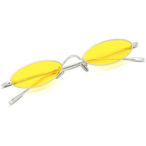 FEISEDY Vintage Small Sunglasses Oval Slender Metal Frame Candy Colors B2277(4 Sliver Frame Yellow Lens)
