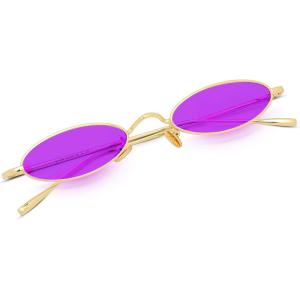 FEISEDY Vintage Small Sunglasses Oval Slender Metal Frame Candy Colors B2277(6glod Frame Purple Lens)