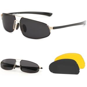 FEISEDY Vintage Sunglasses Men Polarized, Aviator Metal Frame Lightweight, Driving Fishing Running B0057(Polarized Gray Lens 01+interchangeable Yellow Night Vision Lenses)