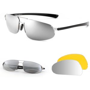 FEISEDY Vintage Sunglasses Men Polarized, Aviator Metal Frame Lightweight, Driving Fishing Running B0057(Polarized Silver Lenses 06+interchangeable Yellow Night Vision Lenses)
