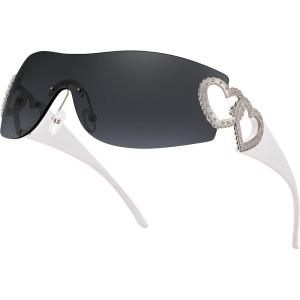 FEISEDY Y2K Rimless Sunglasses Heart for Women Men Around Wrap Fashion Futuristic 2000s Trendy Shield B2981(Black Grey)