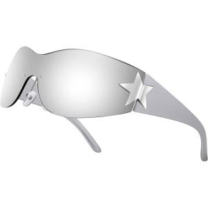 FEISEDY Y2K Sunglasses for Women Men 2000s Fashion Rimless Wrap Around Frameless Star Sun Glasses B9090(Mirrored Silver)