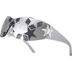 FEISEDY Y2K Sunglasses for Women Men 2000s Fashion Rimless Wrap Around Frameless Star Sun Glasses B9090(Mirrored Silver Star)