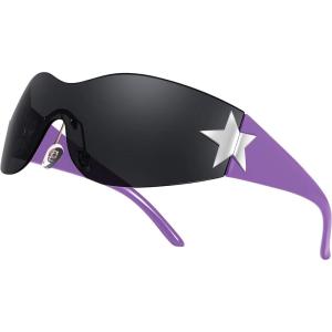 FEISEDY Y2K Sunglasses for Women Men 2000s Fashion Rimless Wrap Around Frameless Star Sun Glasses B9090(Purple)