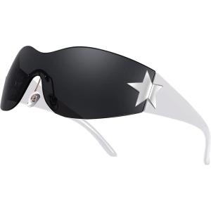 FEISEDY Y2K Sunglasses for Women Men 2000s Fashion Rimless Wrap Around Frameless Star Sun Glasses B9090(White)