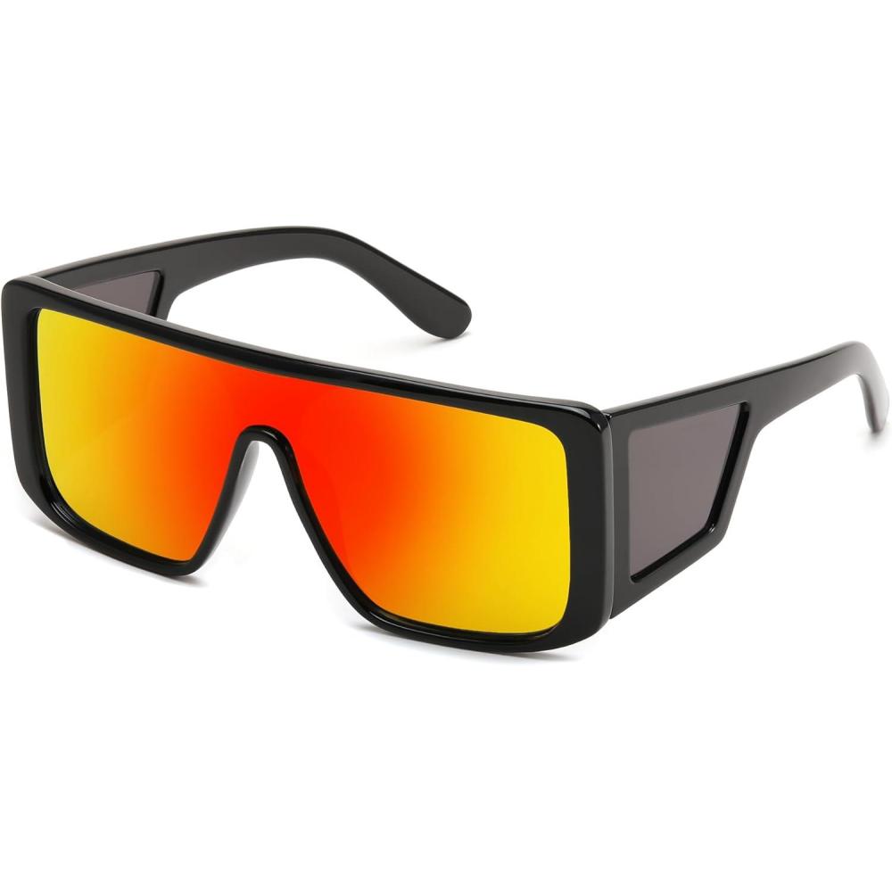 imageFEISEDY Rectangle Oversized Shield Sunglasses for Women Men Futuristic Rectangula Flat Top One Piece Shades B9037Black FrameRed Lens