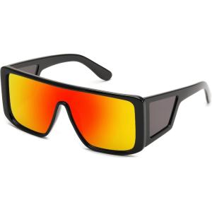 FEISEDY Rectangle Oversized Shield Sunglasses for Women Men Futuristic Rectangula Flat Top One Piece Shades B9037(Black Frame/Red Lens)