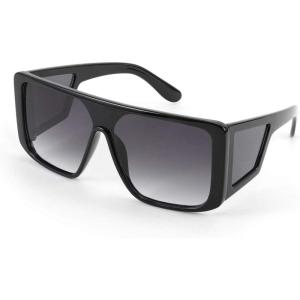 FEISEDY Rectangle Oversized Shield Sunglasses for Women Men Futuristic Rectangula Flat Top One Piece Shades B9037(Bright Black/Gradient Grey Lenses)