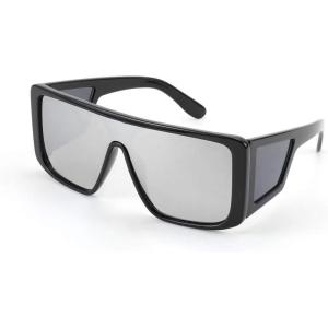 FEISEDY Rectangle Oversized Shield Sunglasses for Women Men Futuristic Rectangula Flat Top One Piece Shades B9037(Bright Black/White Mirrored Lenses)