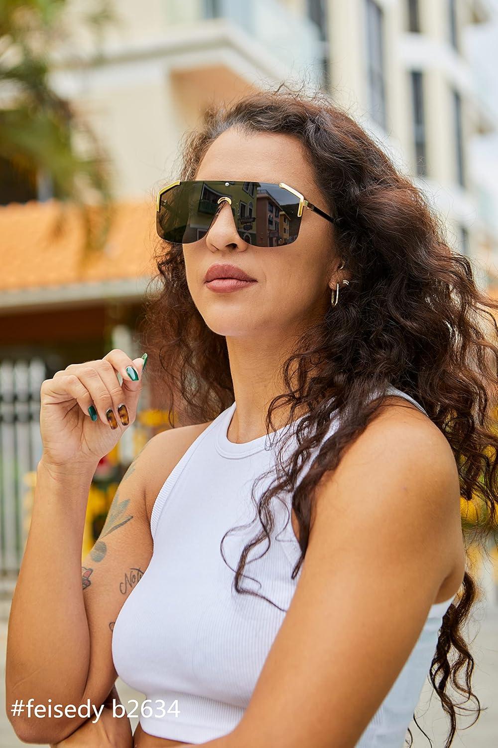 image:imageFEISEDY Classic Siamese One Piece Oversized Sunglasses Nice Rimless Stylish Retro Design for Women Men B263401 Black