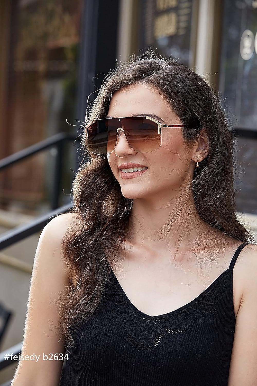 image:imageFEISEDY Classic Siamese One Piece Oversized Sunglasses Nice Rimless Stylish Retro Design for Women Men B263404 Leopardbrown