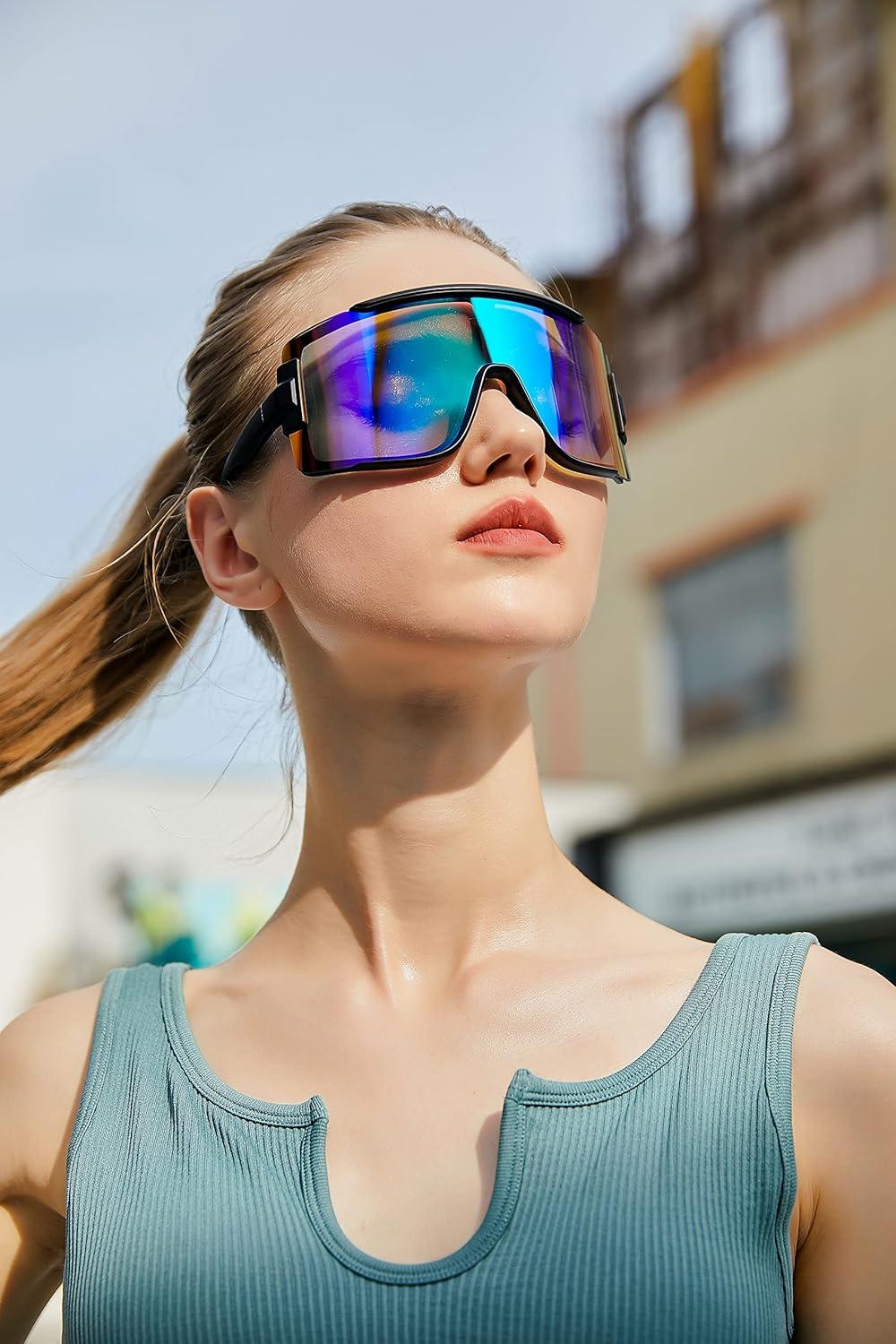image:imageFEISEDY Men Women Sunglasses 80s Sport Cycling Baseball Glasses for Youth Teens Running Softball B4057Blue Mirror