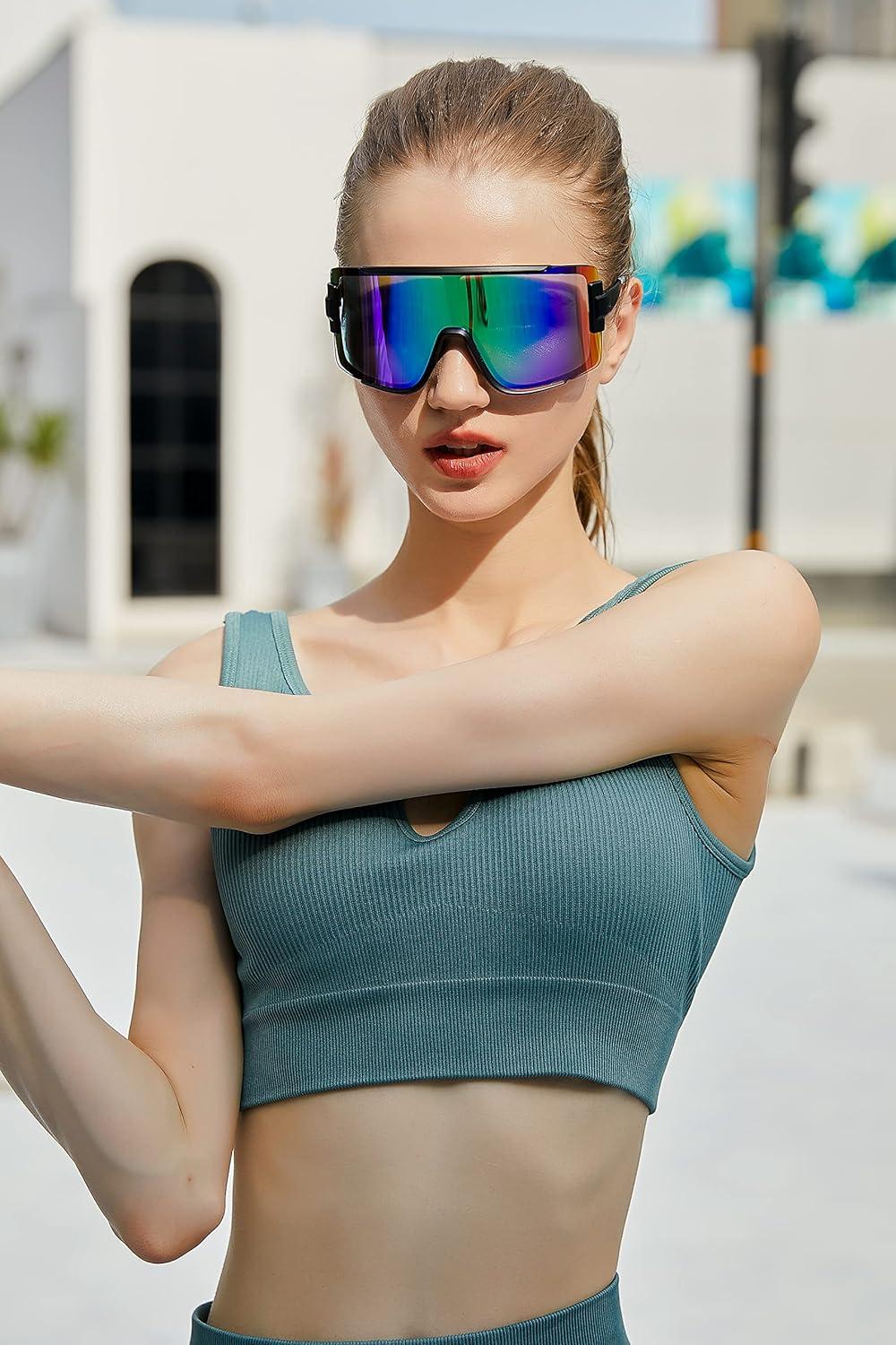 image:imageFEISEDY Men Women Sunglasses 80s Sport Cycling Baseball Glasses for Youth Teens Running Softball B4057Green Blue Mirror