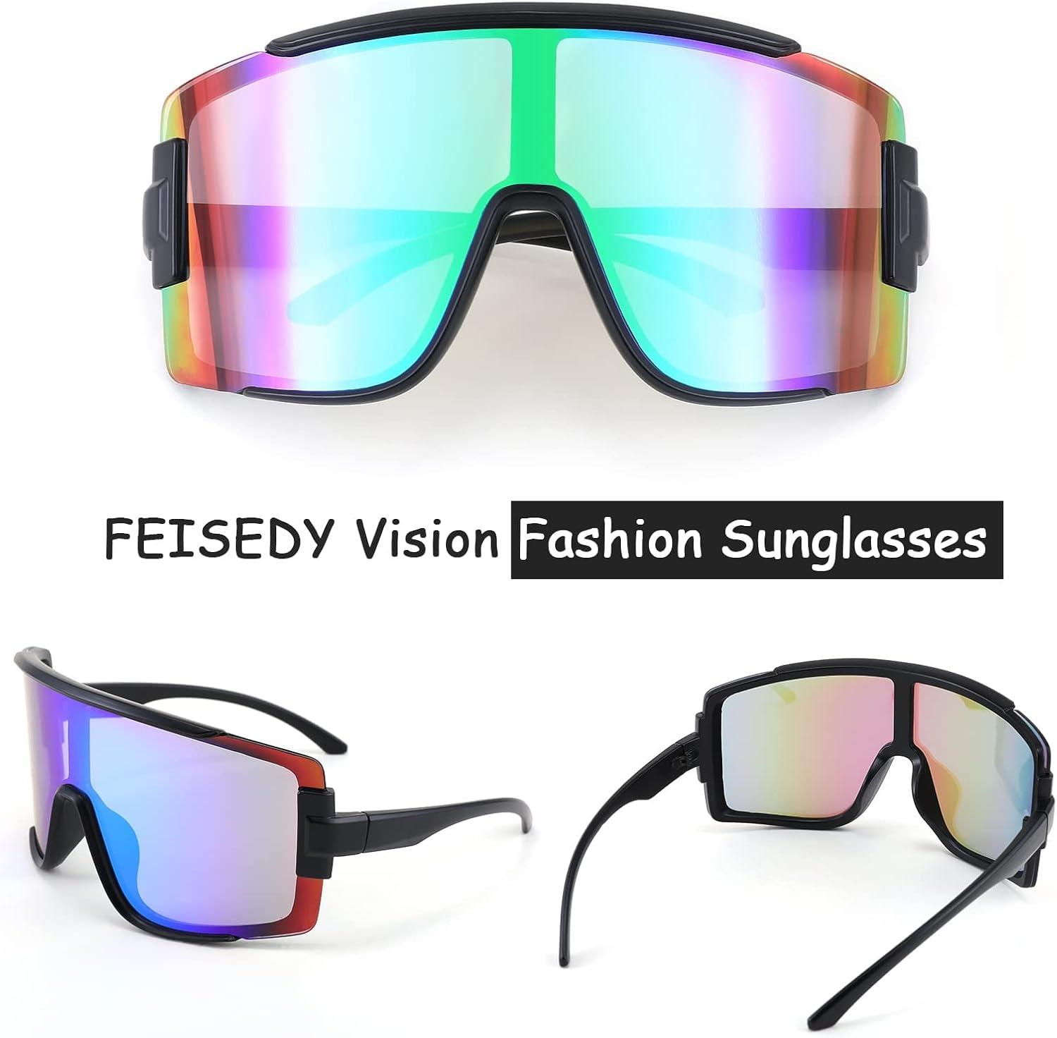image:imageFEISEDY Men Women Sunglasses 80s Sport Cycling Baseball Glasses for Youth Teens Running Softball B4057Green Blue Mirror