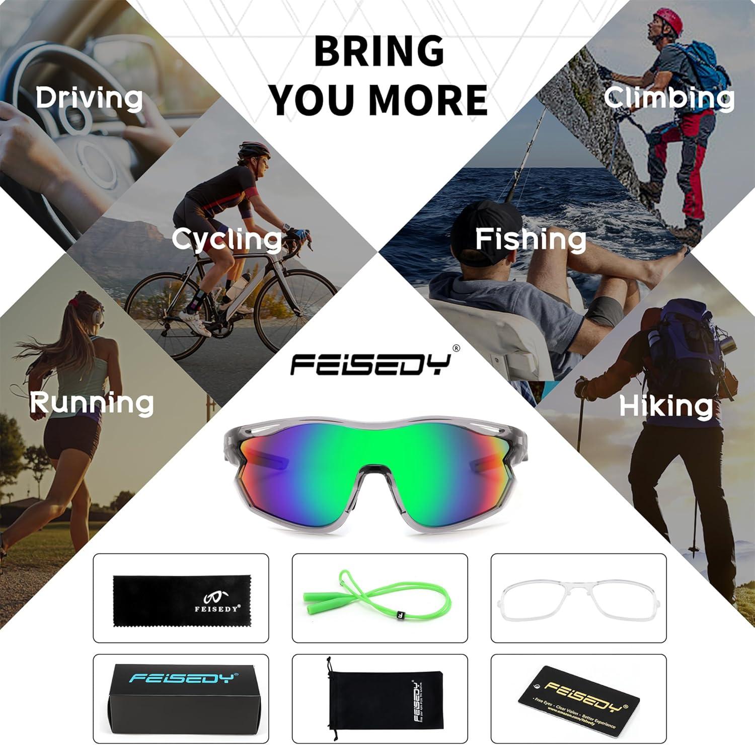 image:imageFEISEDY Polarized Sports Sunglasses Men Women UV Protection Cycling Baseball Glasses B4179Transparent Gray FrameGreen Mirror