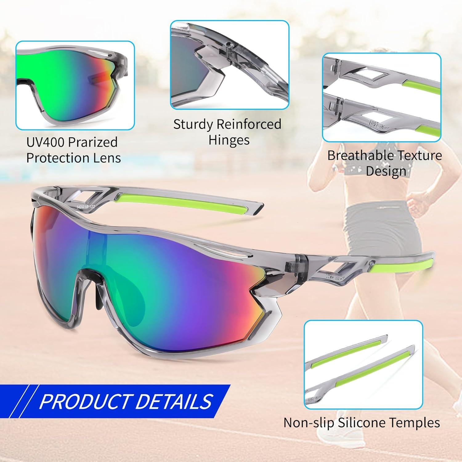image:imageFEISEDY Polarized Sports Sunglasses Men Women UV Protection Cycling Baseball Glasses B4179Transparent Gray FrameGreen Mirror
