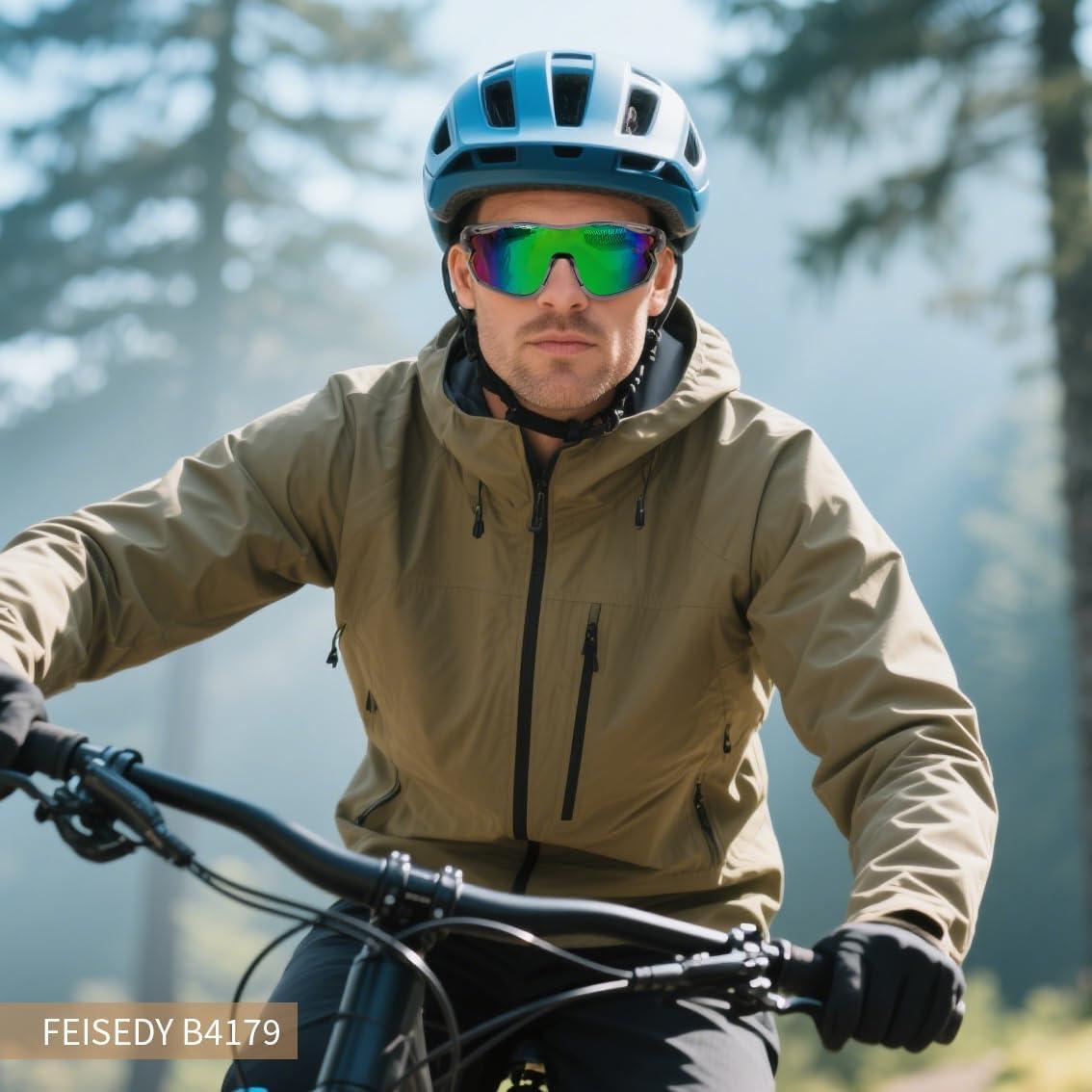image:imageFEISEDY Polarized Sports Sunglasses Men Women UV Protection Cycling Baseball Glasses B4179Transparent Gray FrameGreen Mirror