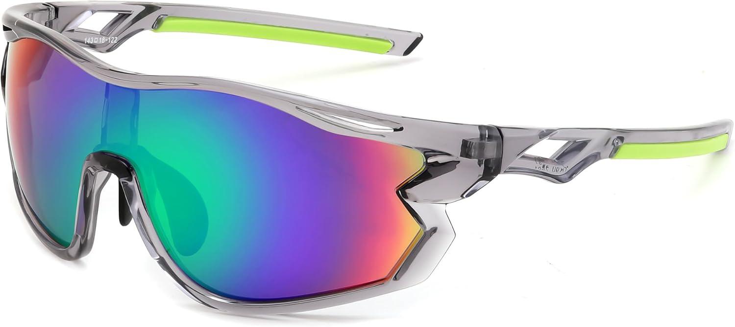 image:imageFEISEDY Polarized Sports Sunglasses Men Women UV Protection Cycling Baseball Glasses B4179Transparent Gray FrameGreen Mirror