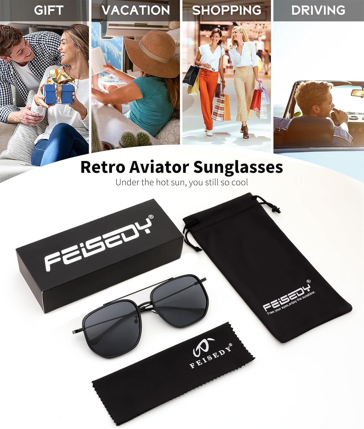 image:imageFEISEDY Retro Aviator Sunglasses for Women Men Vintage Classic Square Metal Frame Sun Glasses Trendy Shades B0371Black Frame Grey Lens