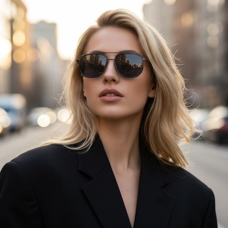 image:imageFEISEDY Retro Aviator Sunglasses for Women Men Vintage Classic Square Metal Frame Sun Glasses Trendy Shades B0371Black Frame Grey Lens