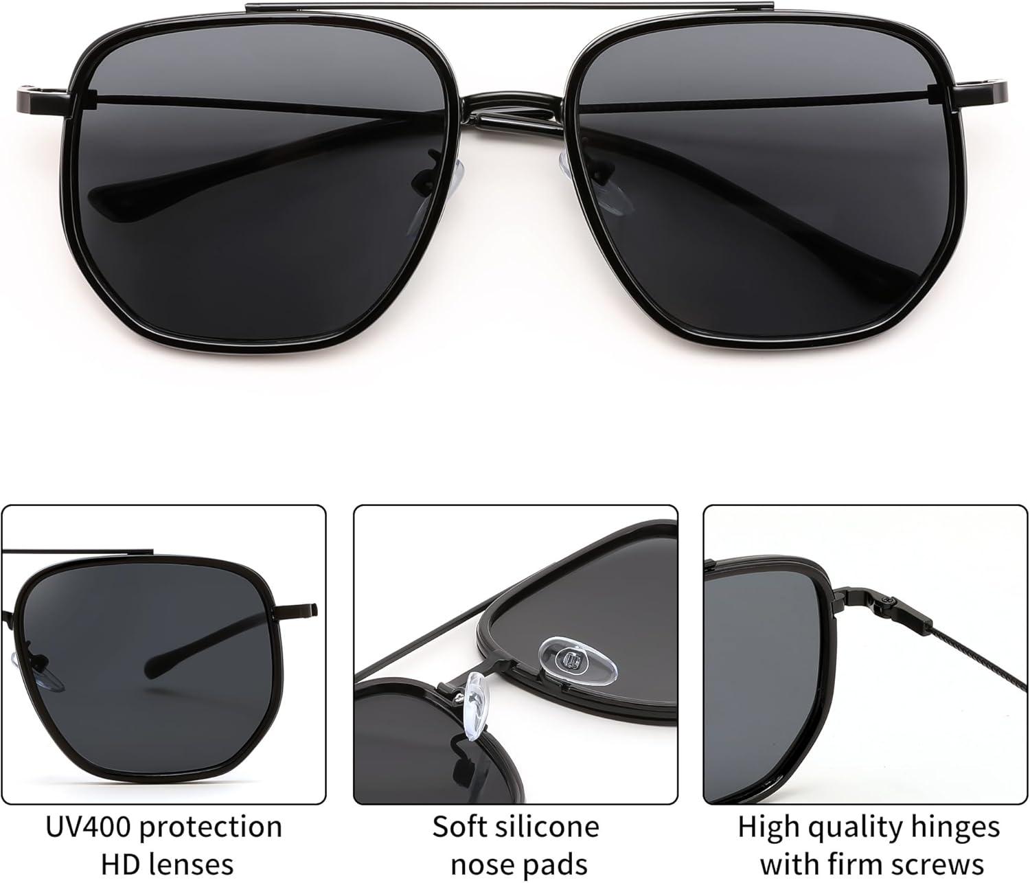 image:imageFEISEDY Retro Aviator Sunglasses for Women Men Vintage Classic Square Metal Frame Sun Glasses Trendy Shades B0371Black Frame Grey Lens