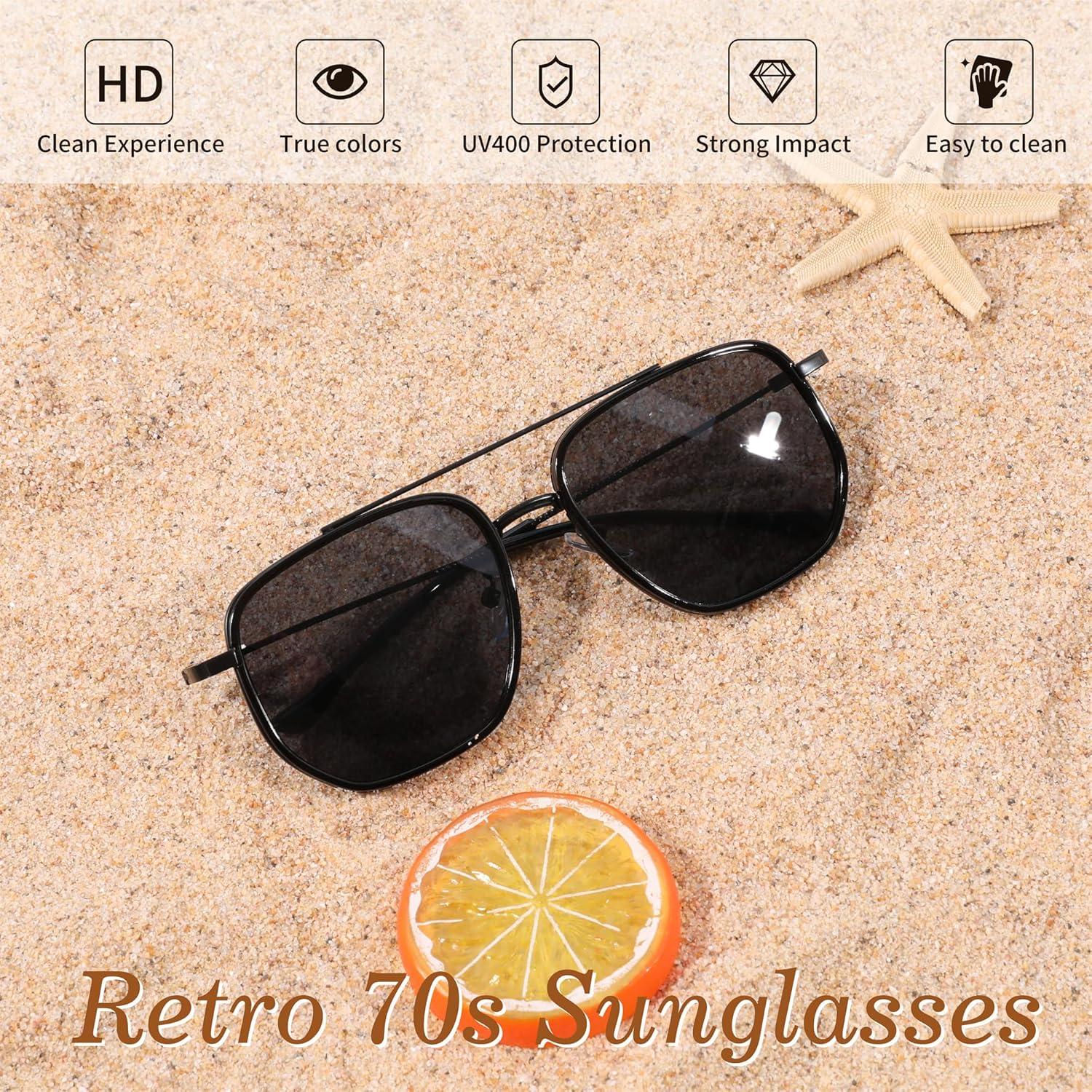 image:imageFEISEDY Retro Aviator Sunglasses for Women Men Vintage Classic Square Metal Frame Sun Glasses Trendy Shades B0371Black Frame Grey Lens