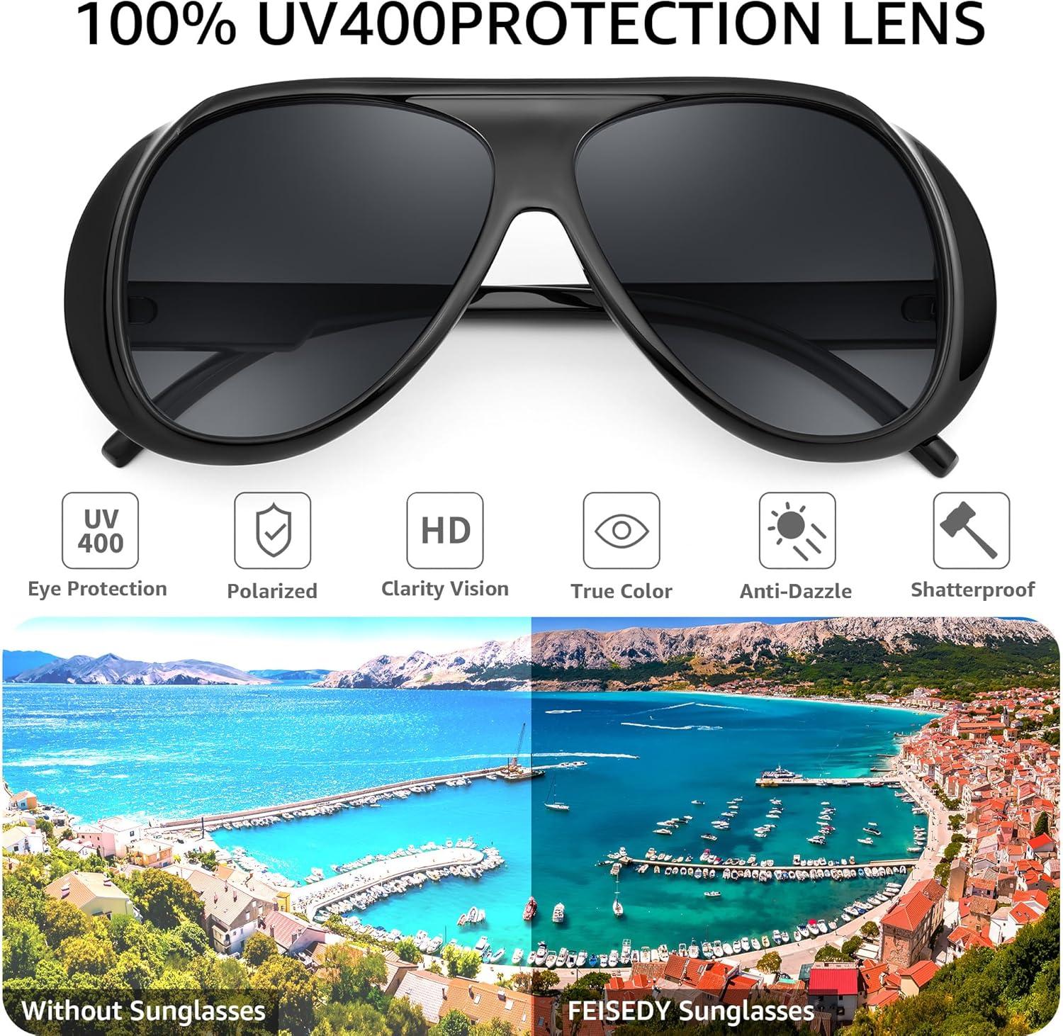 image:imageFEISEDY Retro Oversized Aviator Sunglasses Womens Men Trendy Vintage 70s Style Big Square Shield B0344Black Frame Grey Lens