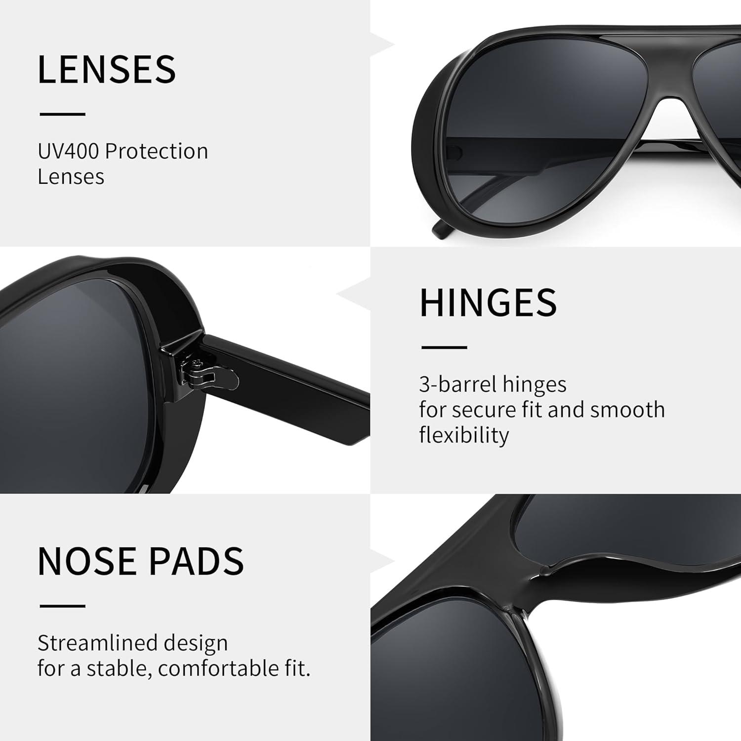 image:imageFEISEDY Retro Oversized Aviator Sunglasses Womens Men Trendy Vintage 70s Style Big Square Shield B0344Black Frame Grey Lens