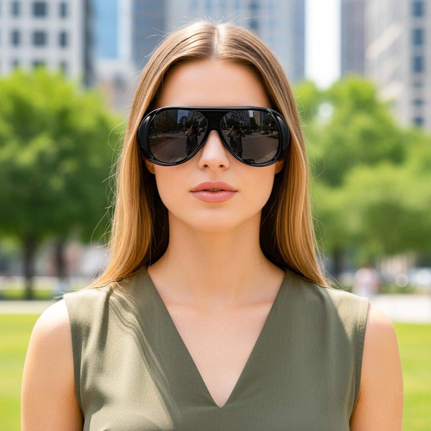 image:imageFEISEDY Retro Oversized Aviator Sunglasses Womens Men Trendy Vintage 70s Style Big Square Shield B0344Black Frame Grey Lens