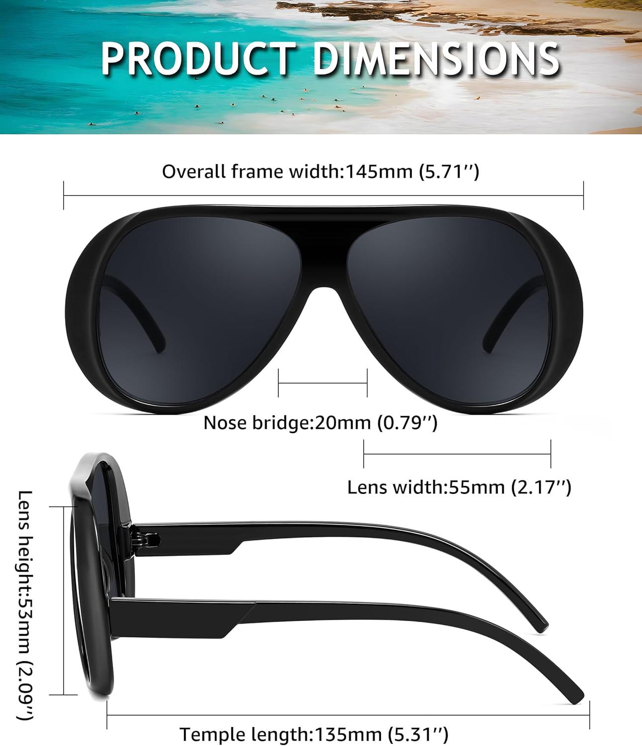 image:imageFEISEDY Retro Oversized Aviator Sunglasses Womens Men Trendy Vintage 70s Style Big Square Shield B0344Black Frame Grey Lens