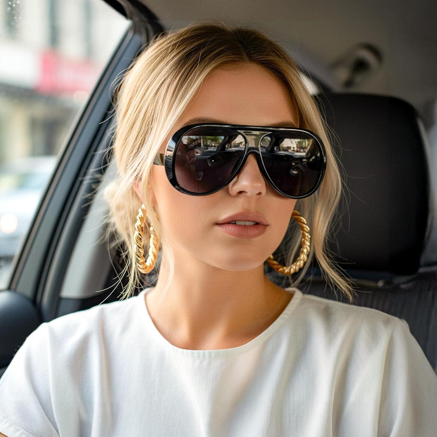 image:imageFEISEDY Retro Oversized Aviator Sunglasses Womens Men Trendy Vintage 70s Style Big Square Shield B0344Black Frame Grey Lens