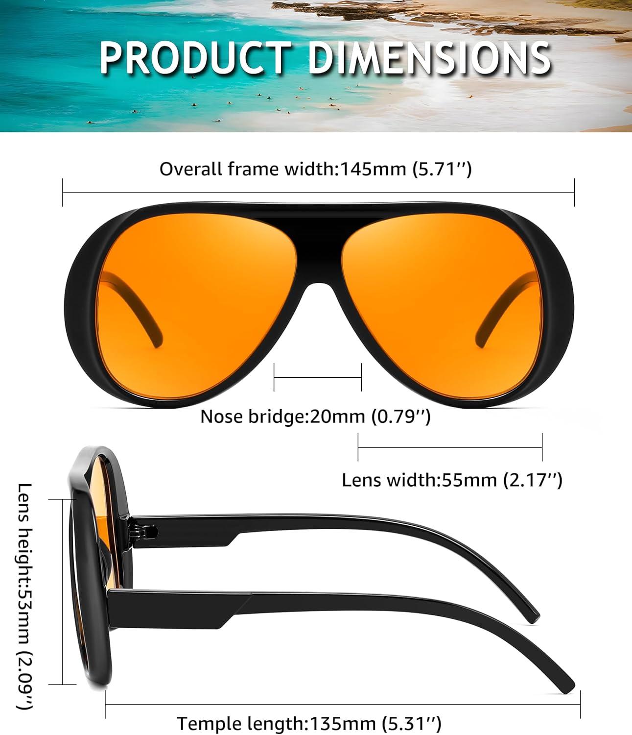 image:imageFEISEDY Retro Oversized Aviator Sunglasses Womens Men Trendy Vintage 70s Style Big Square Shield B0344Black Frame Orange Lens