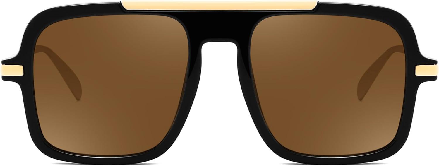 image:imageFEISEDY Retro Square Aviator Sunglasses for Women Men Trendy 70s Shades B4193Black FrameBrown Lens