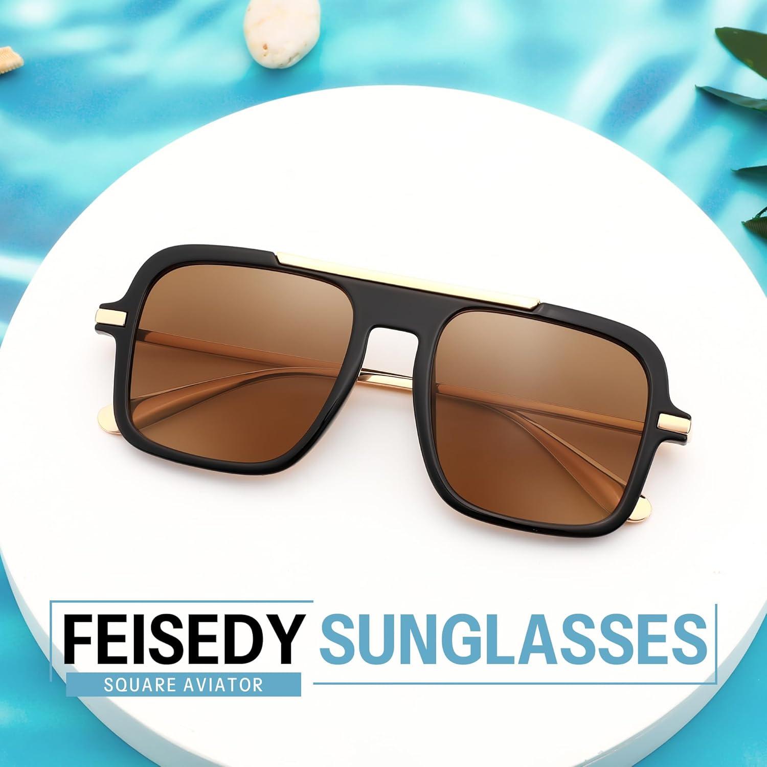 image:imageFEISEDY Retro Square Aviator Sunglasses for Women Men Trendy 70s Shades B4193Black FrameBrown Lens