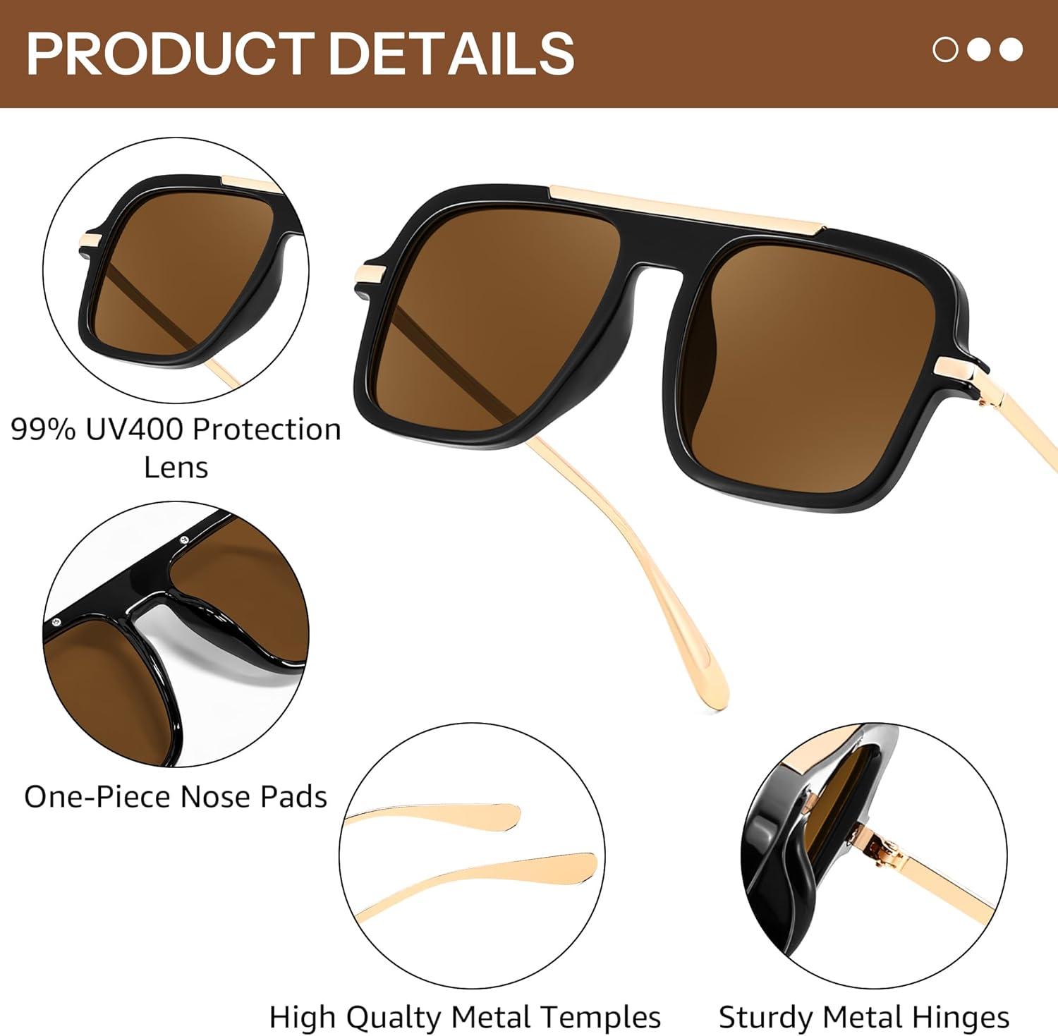 image:imageFEISEDY Retro Square Aviator Sunglasses for Women Men Trendy 70s Shades B4193Black FrameBrown Lens