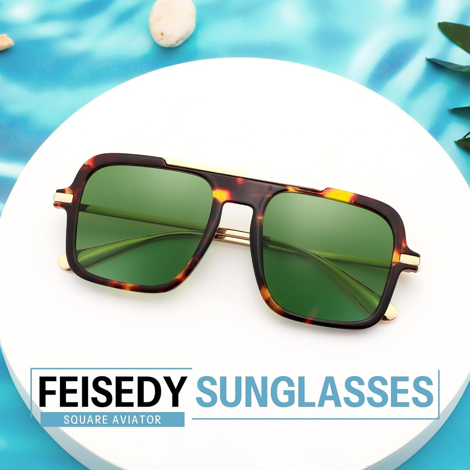 image:imageFEISEDY Retro Square Aviator Sunglasses for Women Men Trendy 70s Shades B4193Tortoise FrameGreen Lens