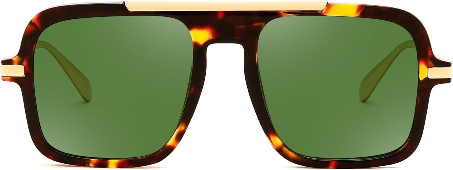 image:imageFEISEDY Retro Square Aviator Sunglasses for Women Men Trendy 70s Shades B4193Tortoise FrameGreen Lens