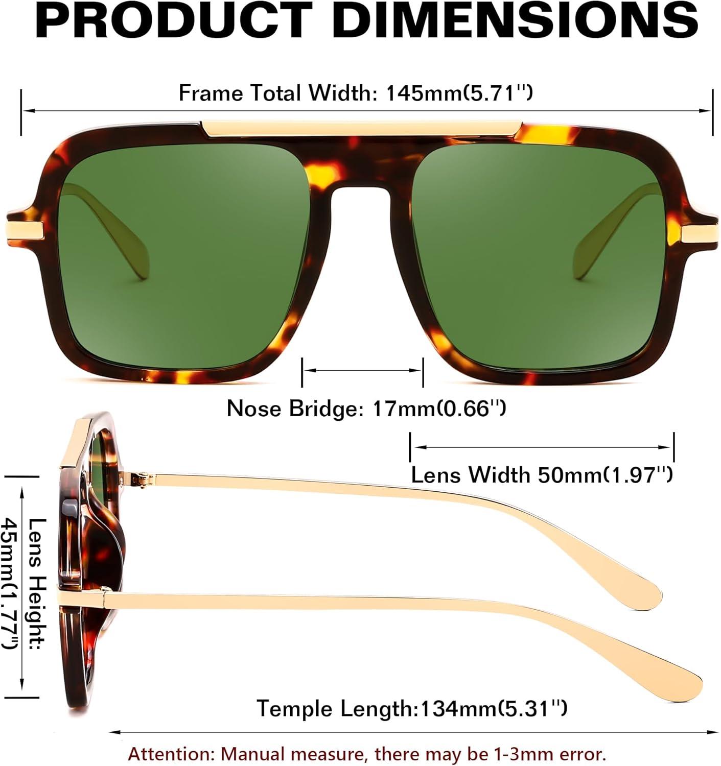 image:imageFEISEDY Retro Square Aviator Sunglasses for Women Men Trendy 70s Shades B4193Tortoise FrameGreen Lens
