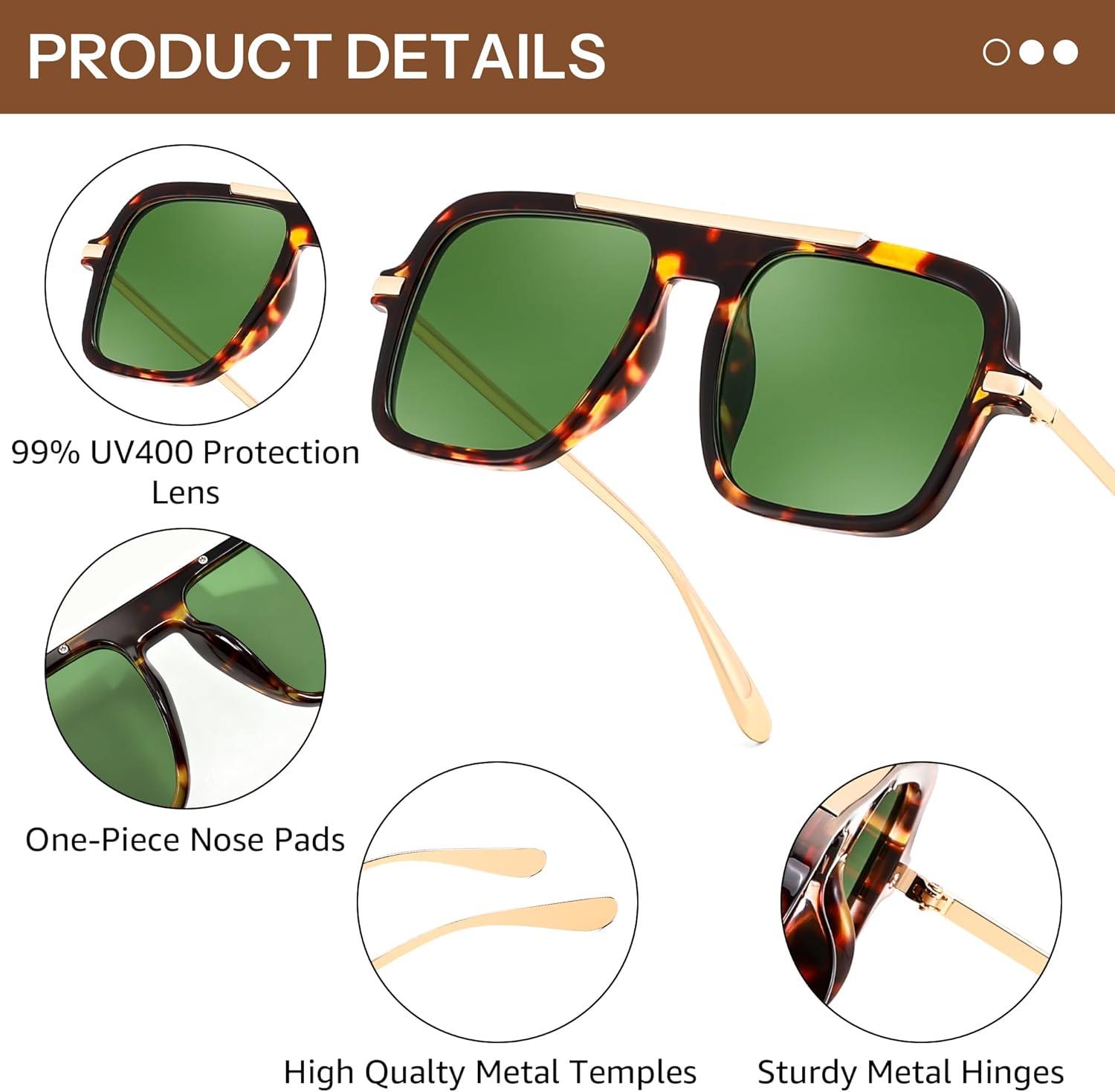 image:imageFEISEDY Retro Square Aviator Sunglasses for Women Men Trendy 70s Shades B4193Tortoise FrameGreen Lens
