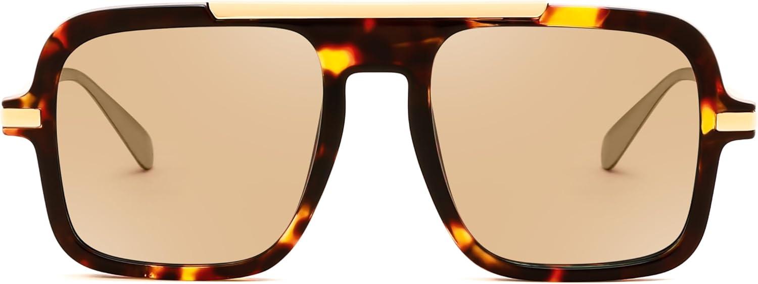 image:imageFEISEDY Retro Square Aviator Sunglasses for Women Men Trendy 70s Shades B4193Tortoise FrameLight Brown Lens