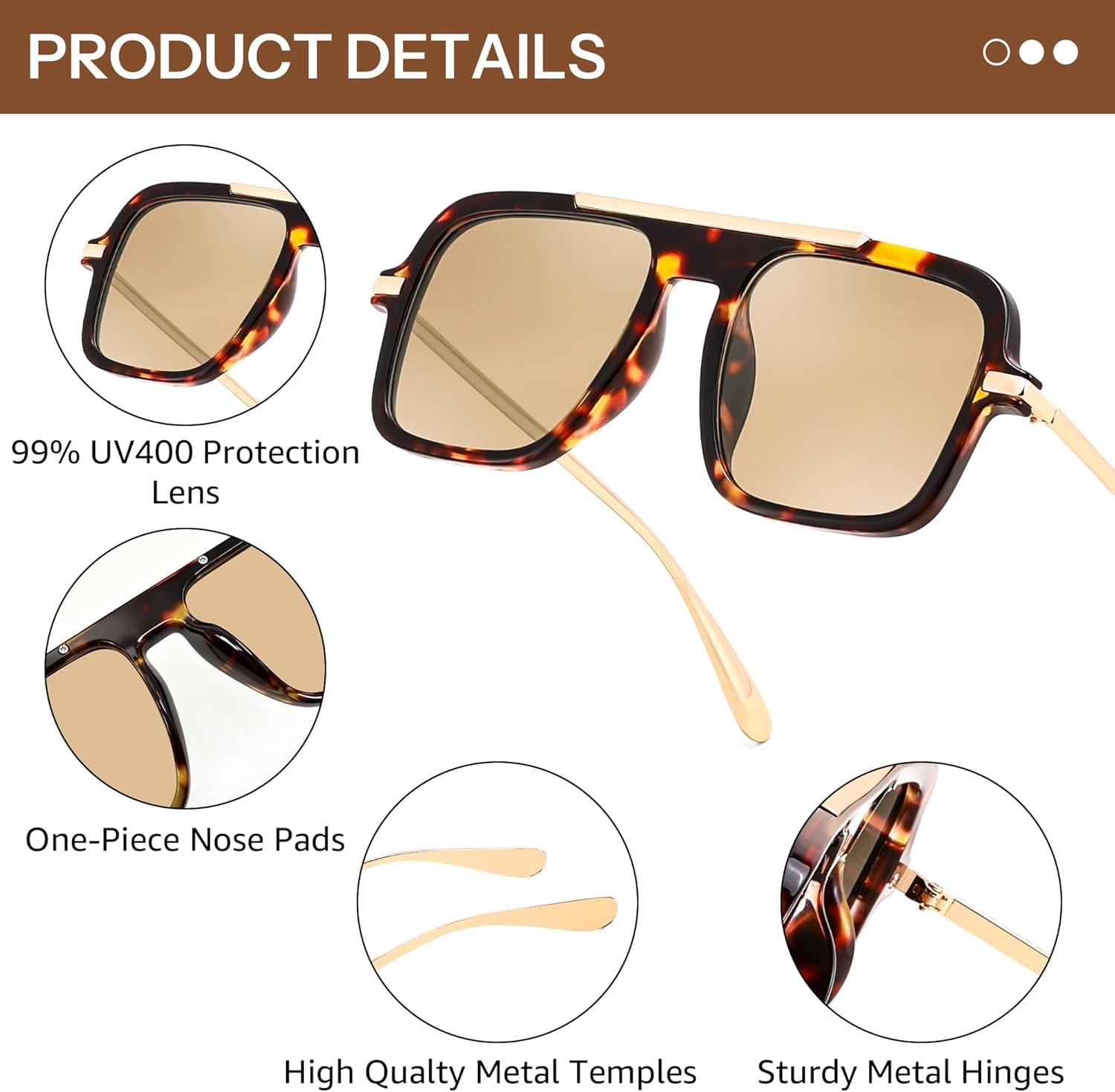 image:imageFEISEDY Retro Square Aviator Sunglasses for Women Men Trendy 70s Shades B4193Tortoise FrameLight Brown Lens